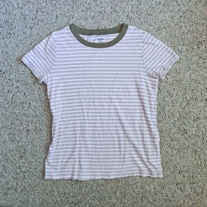 Madewell Lavender and White Striped Tee with Green Accents size S